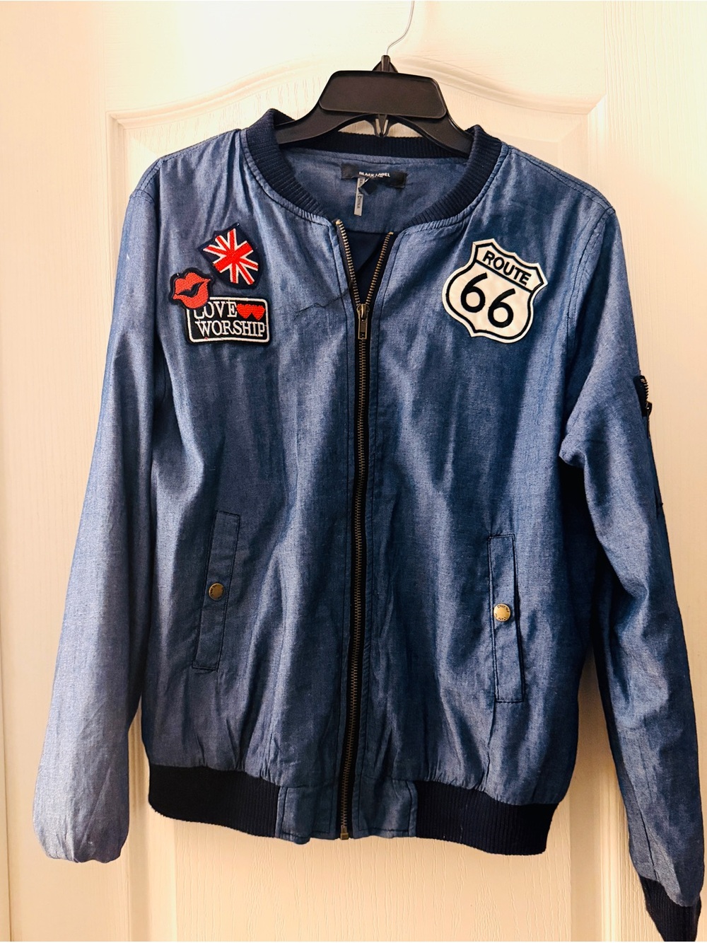 Lightweight Blue Bomber Jacket with Route 66 and Love Worship Parches.-